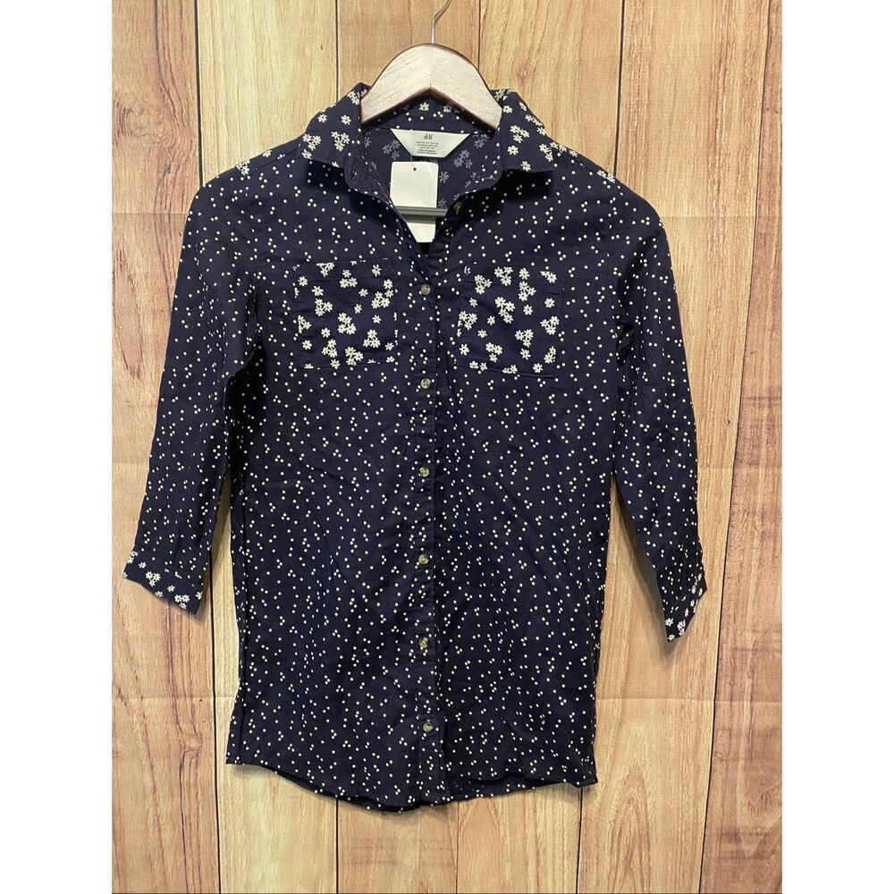 H&M size 7 kids NWT floral white navy blue button up shirt blouse